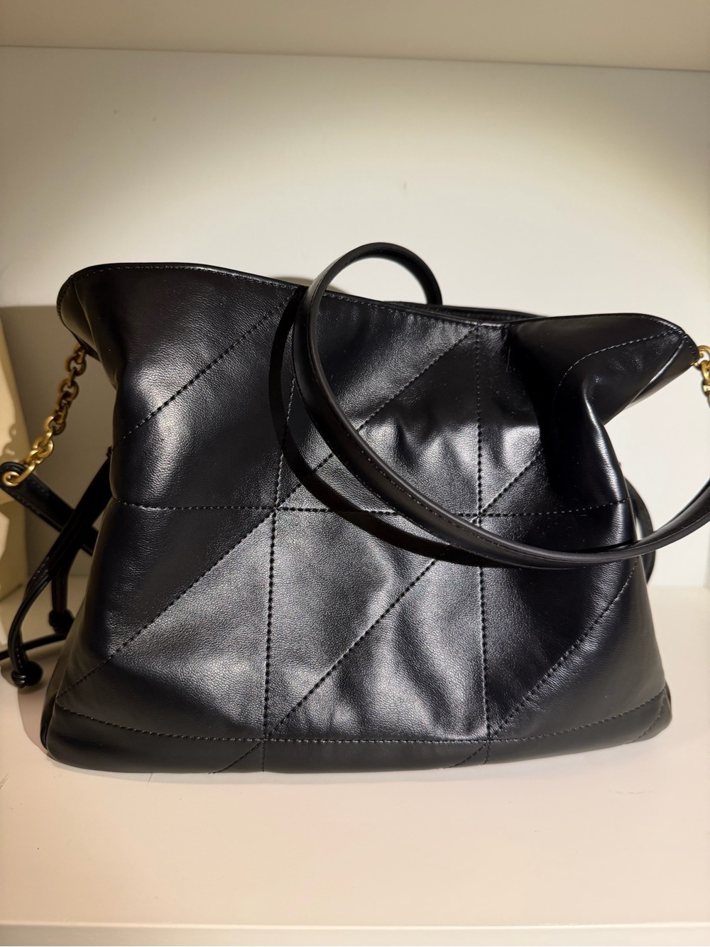 Black Quilted Leather Drawstring Tote with Gold - Picture 3 of 6